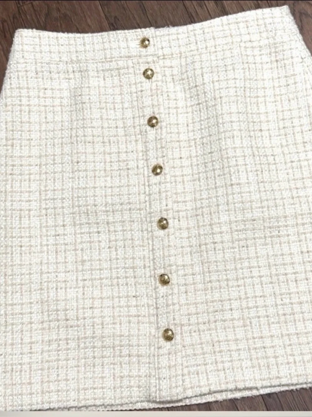 Talbots Dazzling Tweed A-Line Skirt Metallic Wool Blend Button Front Sz 14 Ivory